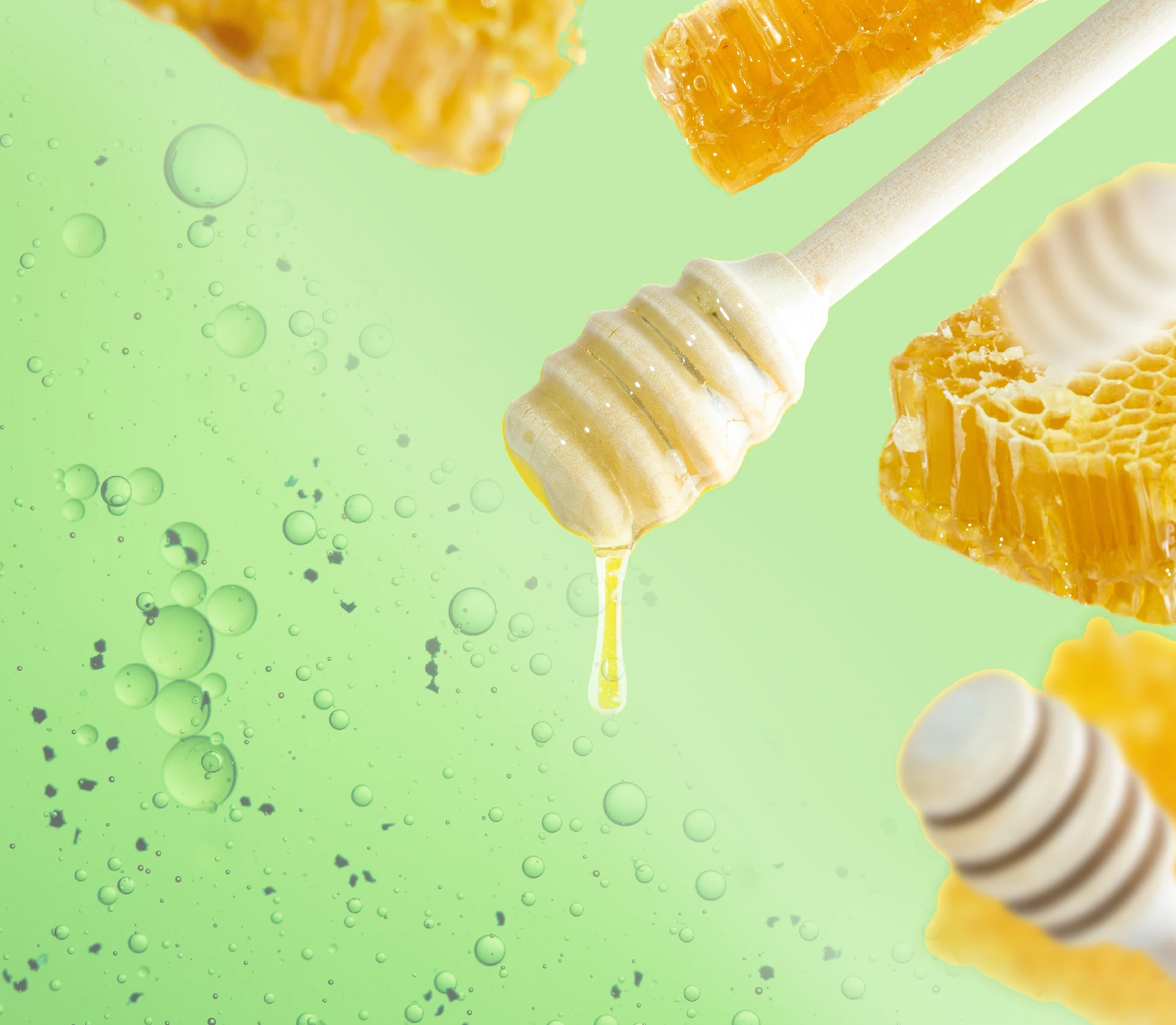 Honey dipper dripping golden honey, surrounded by honeycomb pieces and translucent liquid bubbles on a light green background.