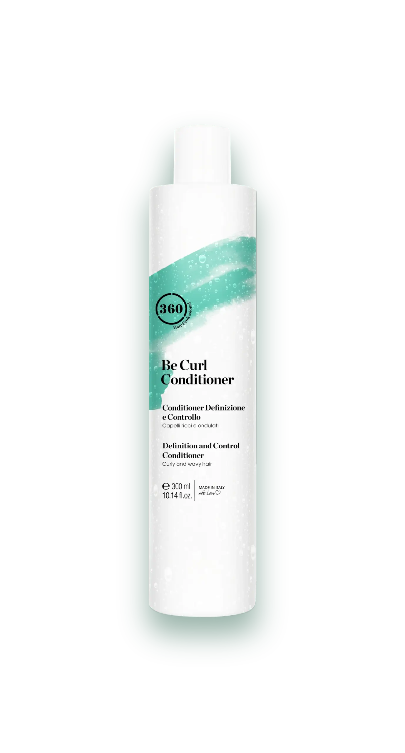 360 Hair Professional Be Curl Conditioner bottle isolated on a transparent background, white cylindrical bottle with green brush-stroke label.