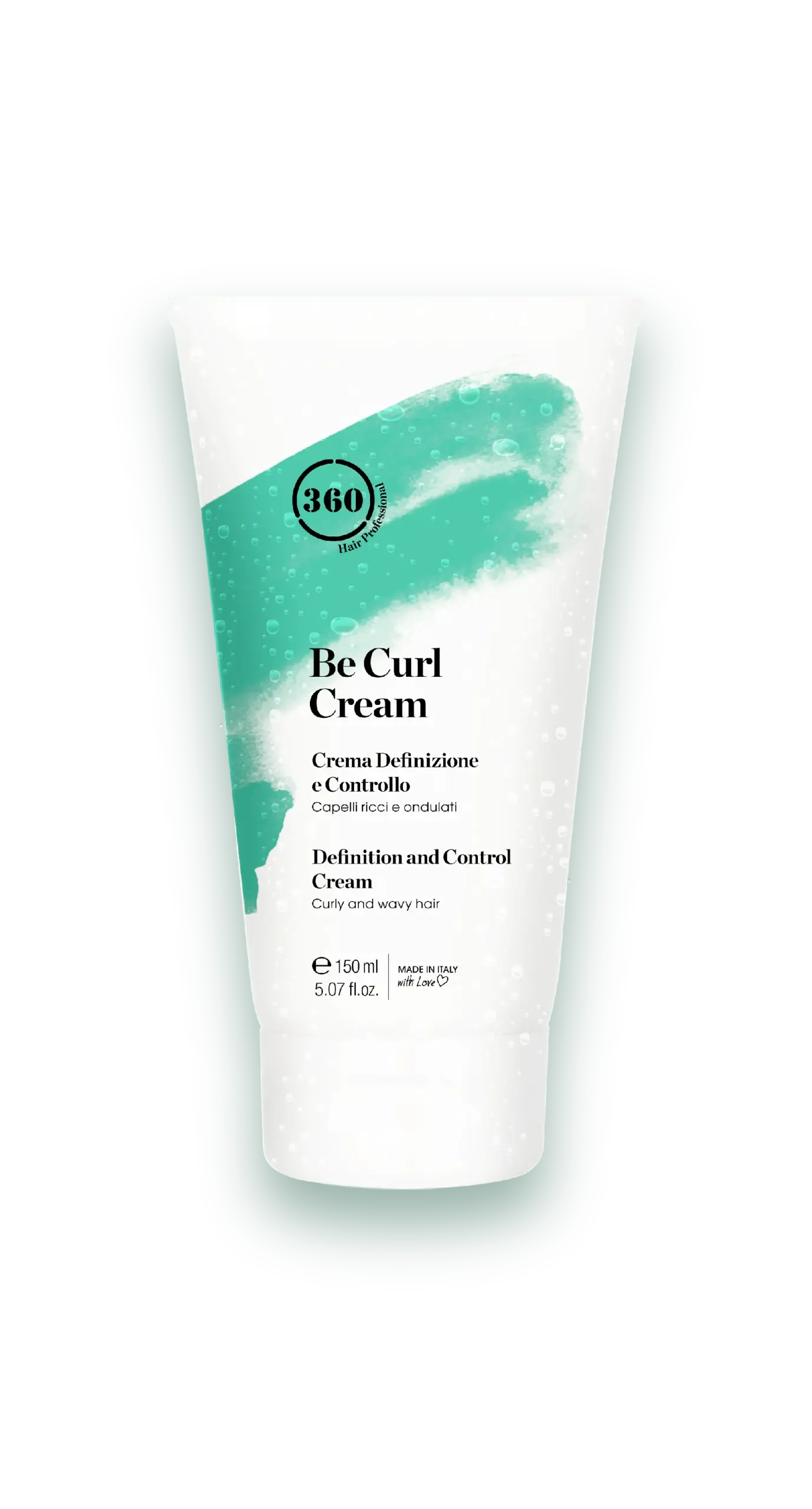 360 Hair Professional Be Curl Cream tube isolated on a transparent background, white squeeze tube with green brush-stroke label.