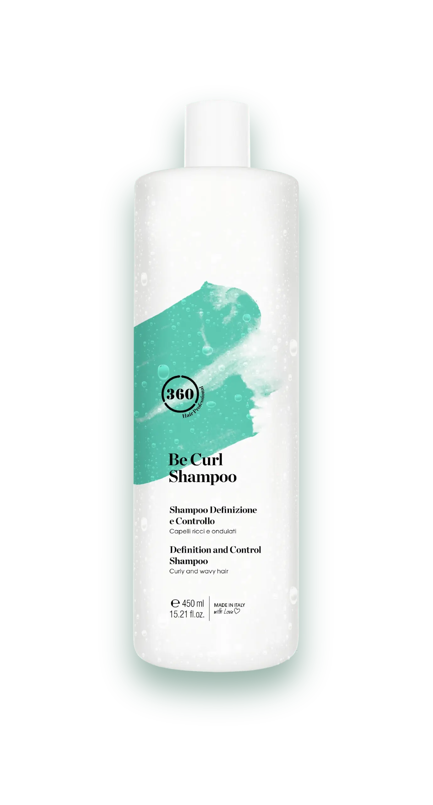 360 Hair Professional Be Curl Shampoo bottle isolated on a transparent background, white cylindrical bottle with green brush-stroke label.