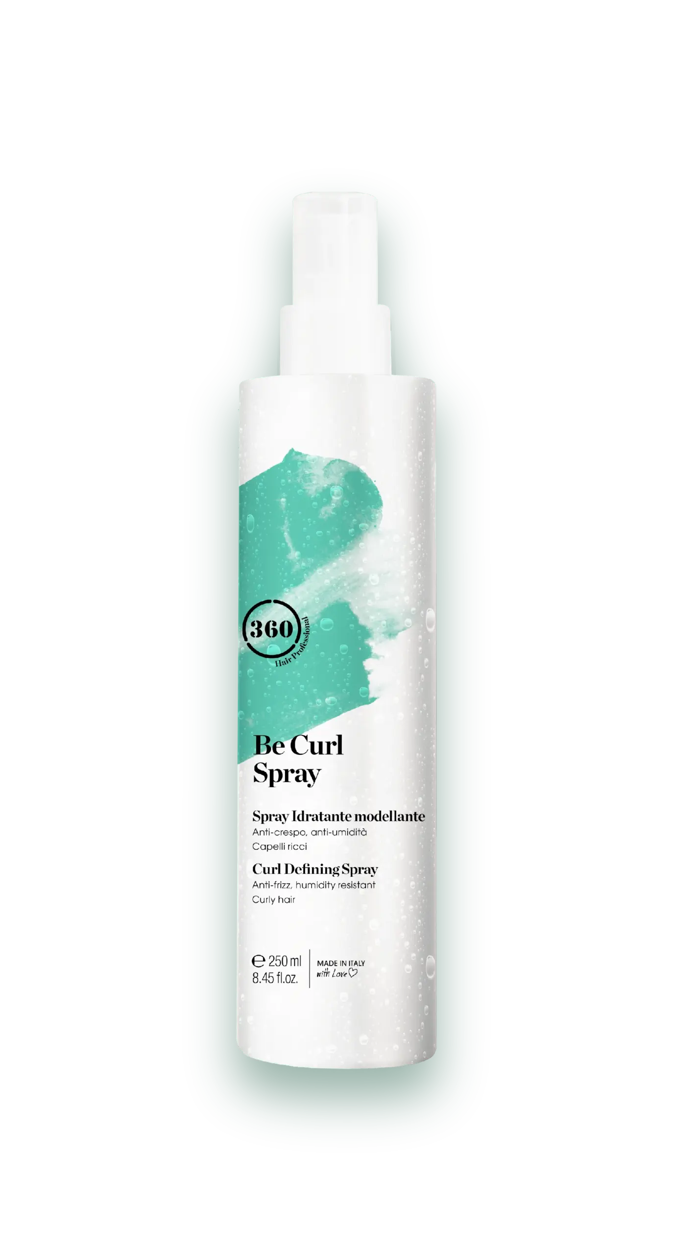 360 Hair Professional Be Curl Spray bottle isolated on a transparent background, white spray bottle with green brush-stroke label.