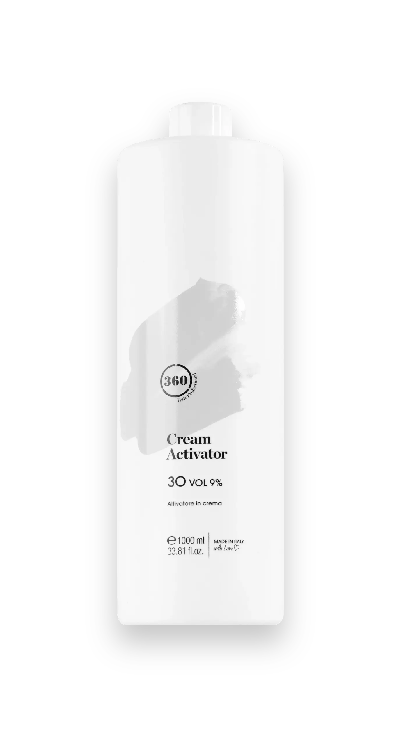 White plastic bottle of cream activator with flip-top cap, gray brushstroke label detail, and black text, isolated on a transparent background.
