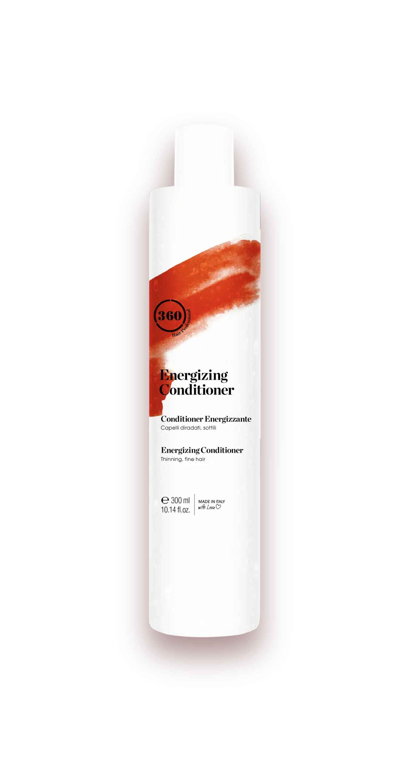 White cylindrical energizing conditioner bottle with a flip-top cap and a red brushstroke graphic on the label, isolated on a transparent background.