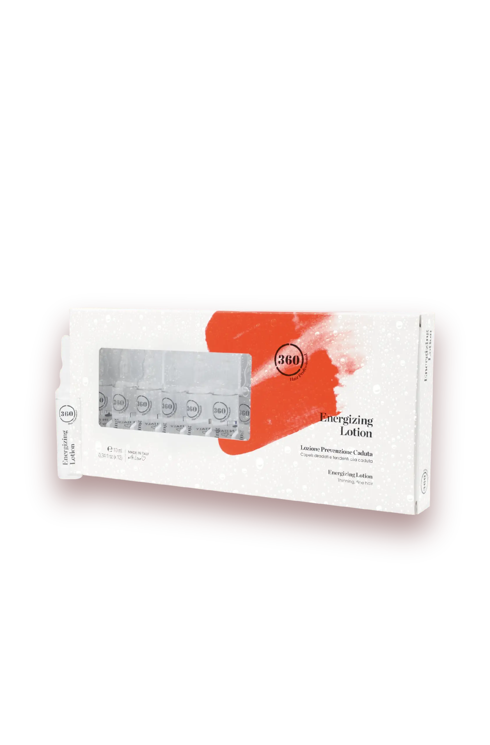 White rectangular energizing lotion box with a transparent window showing small ampoules inside, featuring a red brushstroke graphic, isolated on a transparent background.