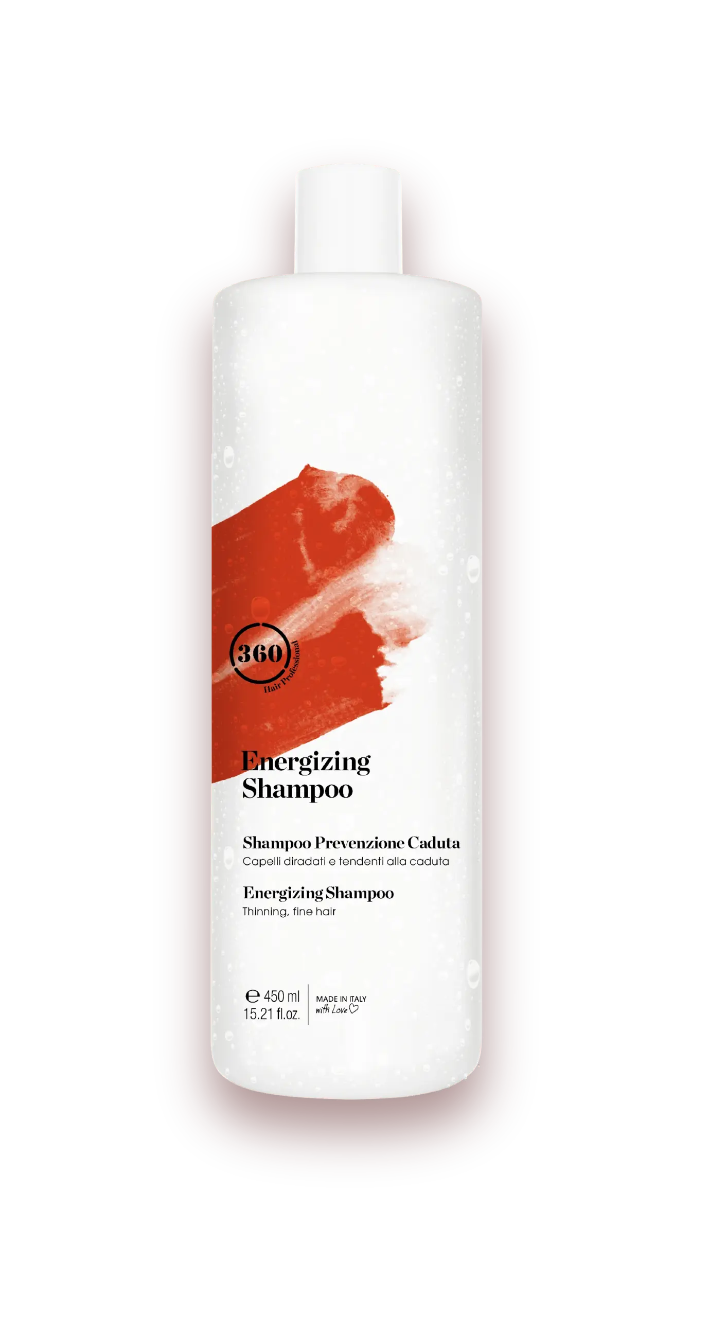 White cylindrical energizing shampoo bottle with a flip-top cap and a red brushstroke graphic on the label, isolated on a transparent background.