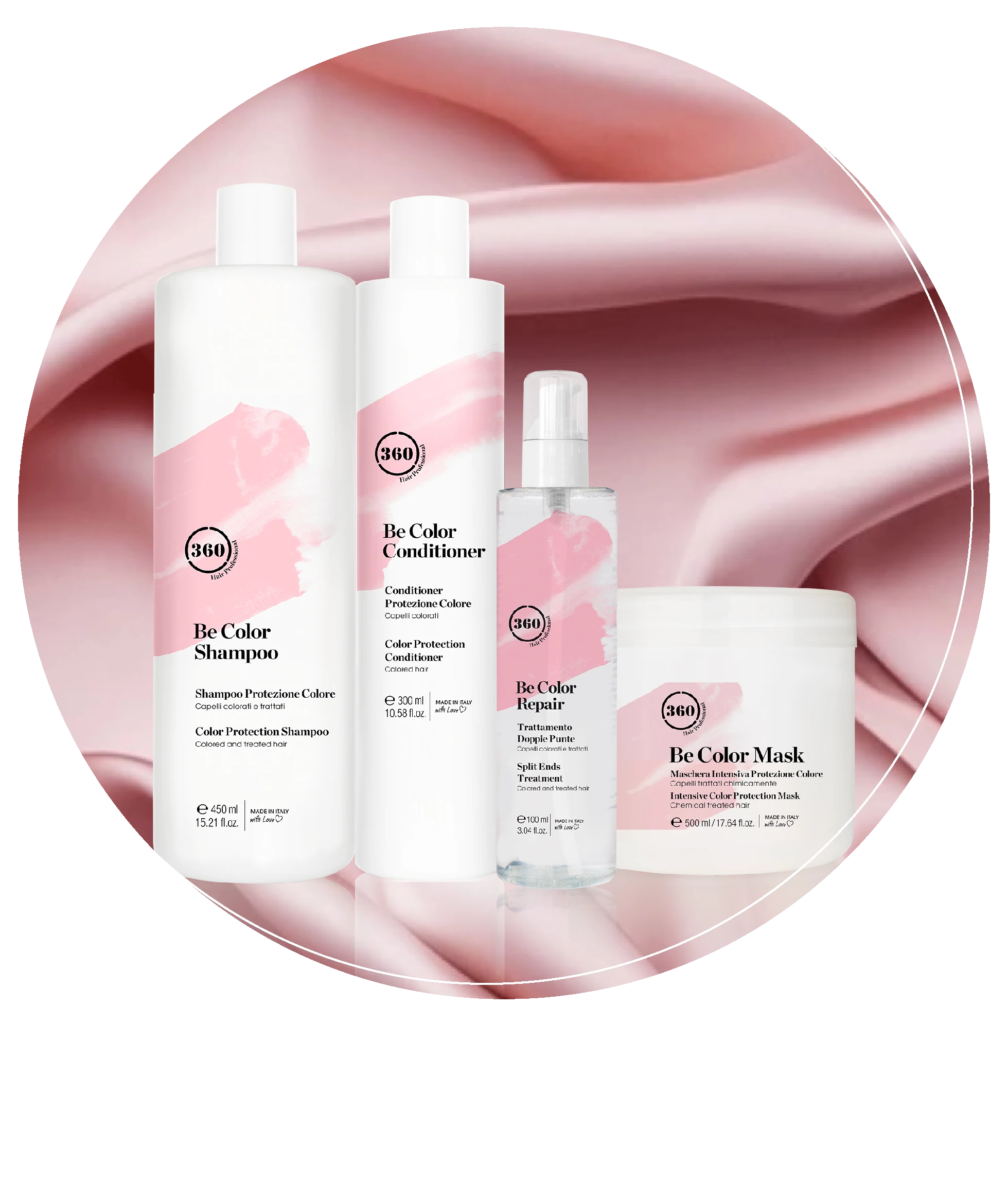 Circular product group featuring 360 Hair Professional Be Color shampoo, conditioner, repair spray, and mask displayed against a soft pink satin background.