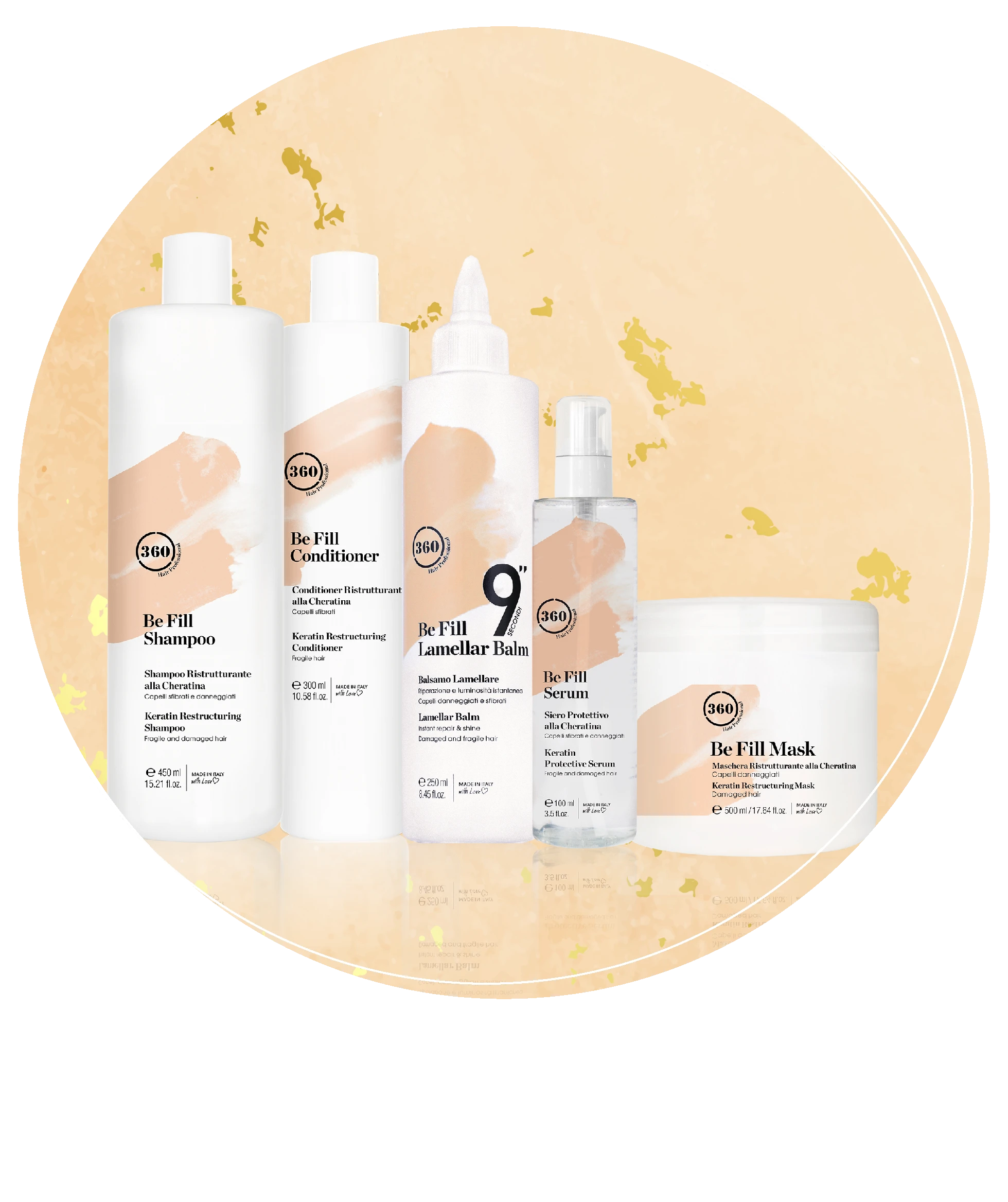 Circular product group featuring 360 Hair Professional Be Fill Shampoo, Be Fill Conditioner, Be Fill Lamellar Balm Serum, and Be Fill Mask displayed against a warm peach textured background with golden accents.