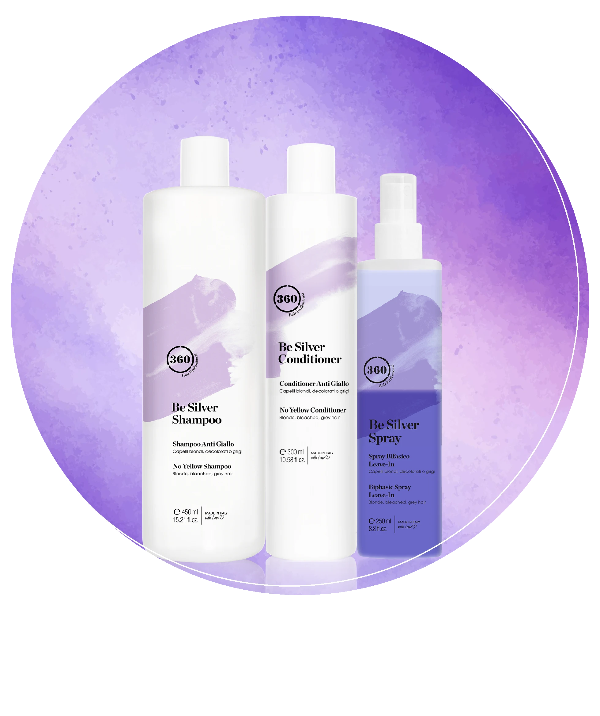 Circular product group featuring 360 Hair Professional Be Silver Shampoo, Be Silver Conditioner, and Be Silver Spray displayed against a purple textured background.