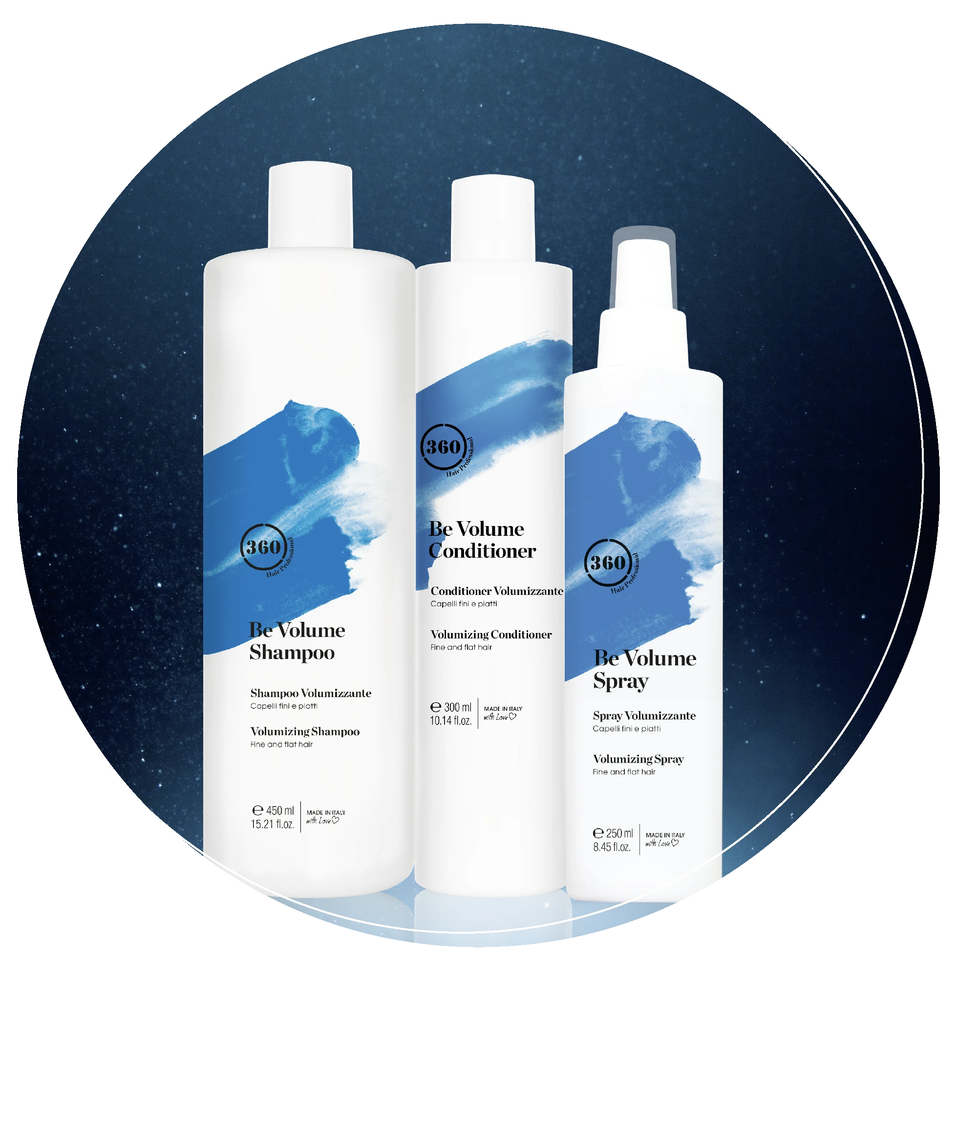 Circular product group showing 360 Hair Professional Be Volume Shampoo, Be Volume Conditioner, and Be Volume Spray with white bottles and blue brushstroke labels on a dark blue textured background.