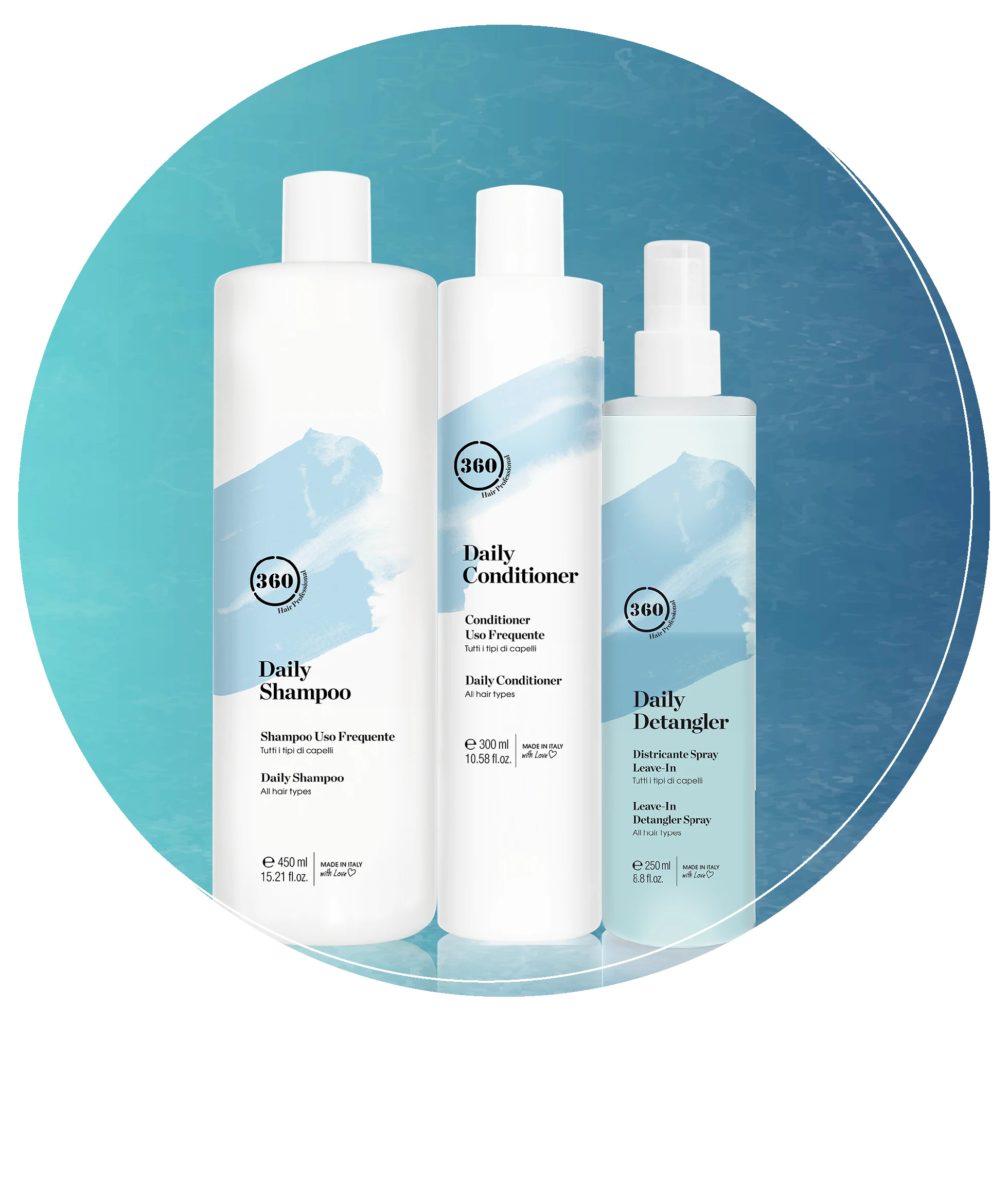 Circular product group featuring 360 Hair Professional Daily Shampoo, Daily Conditioner, and Daily Detangler displayed against a turquoise blue textured background.