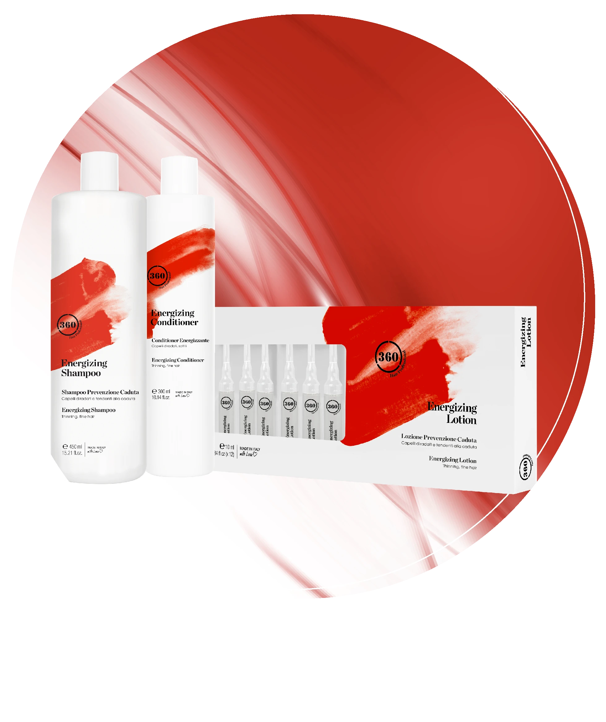 Circular product group featuring 360 Hair Professional Energizing Shampoo, Energizing Conditioner, and Energizing Lotion ampoules set against a dynamic red textured background.