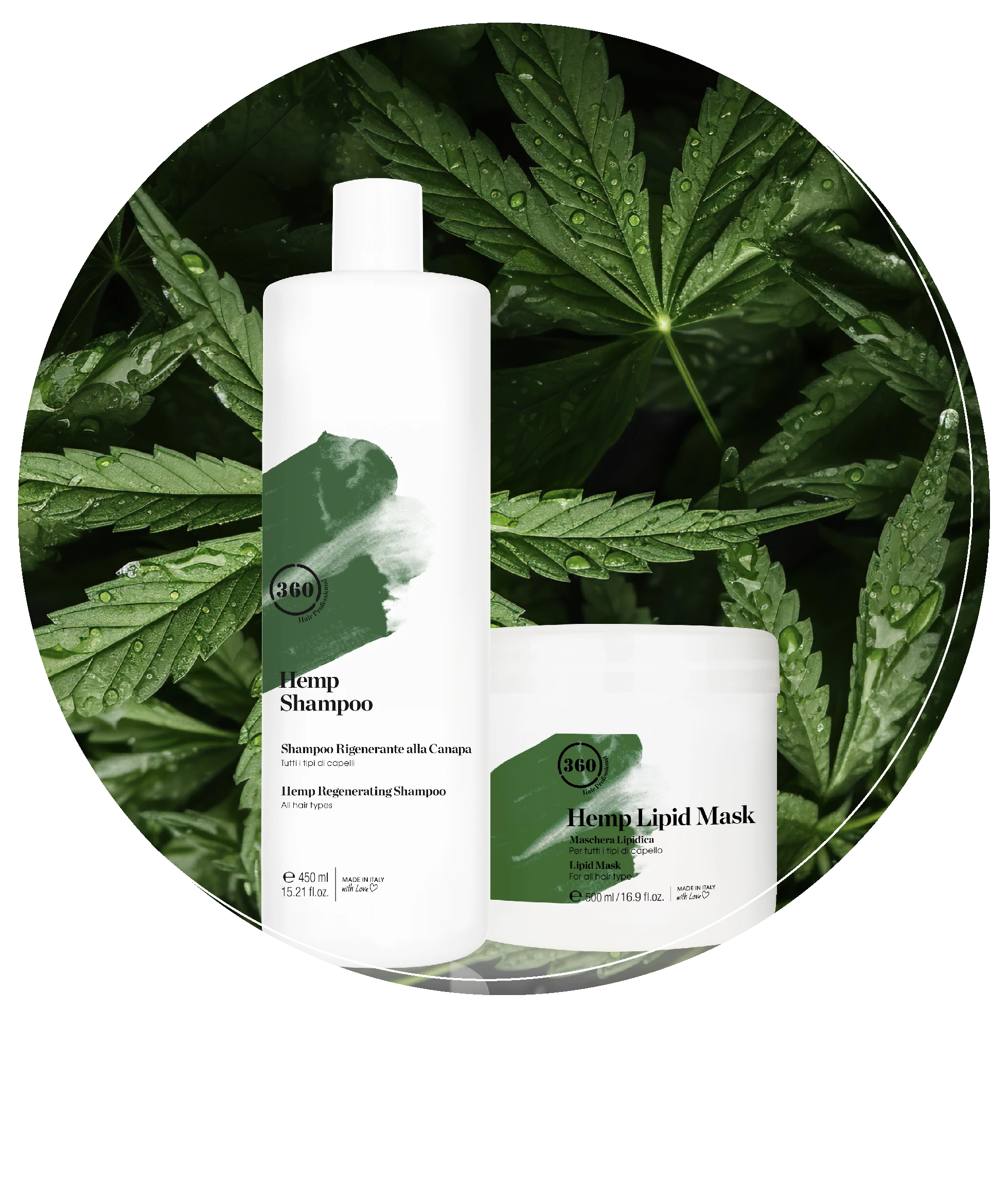 Circular product group showing 360 Hair Professional Hemp Shampoo and Hemp Lipid Mask placed in front of a dense background of green hemp leaves with visible water droplets.