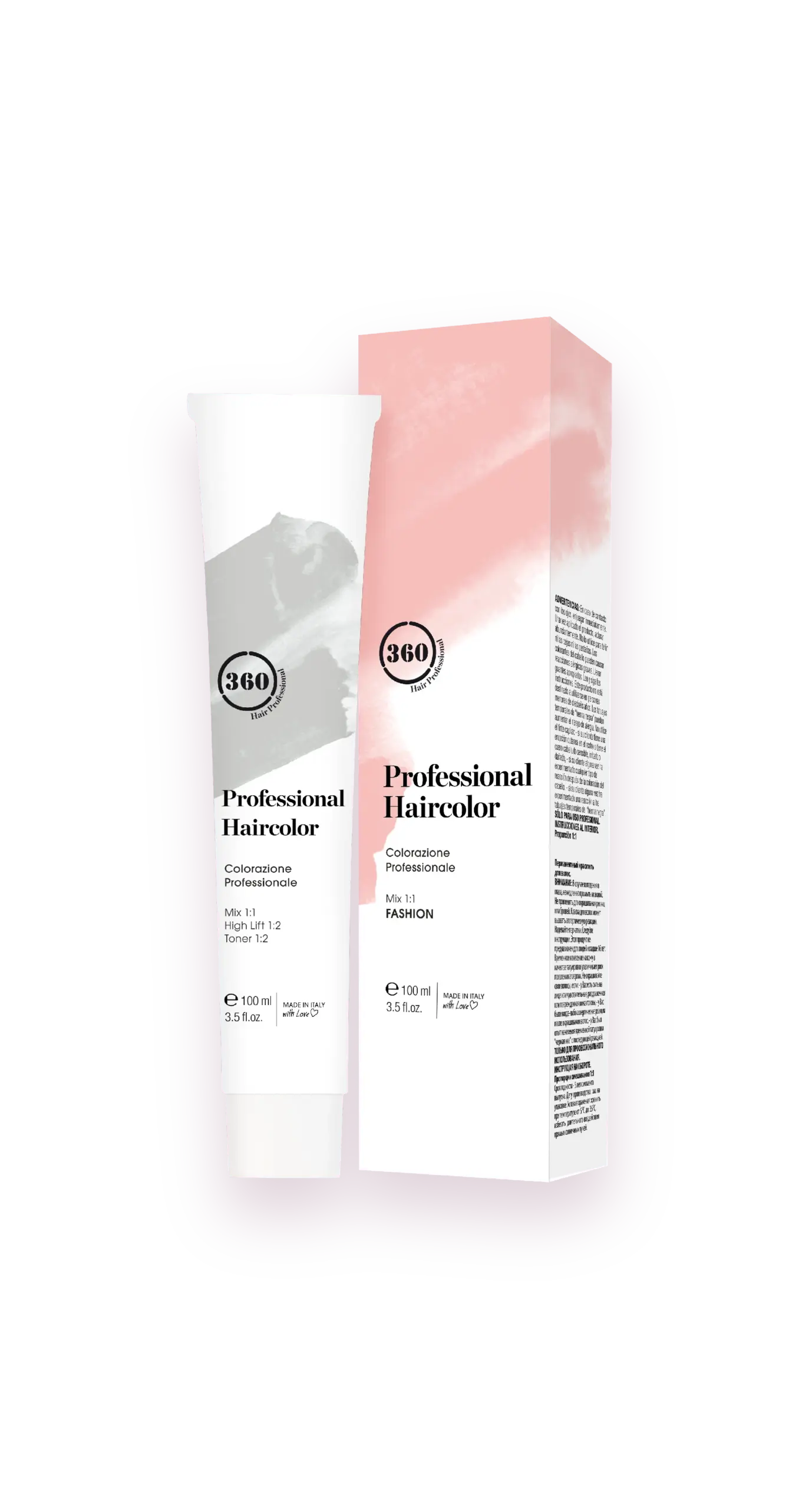 Professional hair color tube and matching box with pink and white packaging displayed on a transparent background.