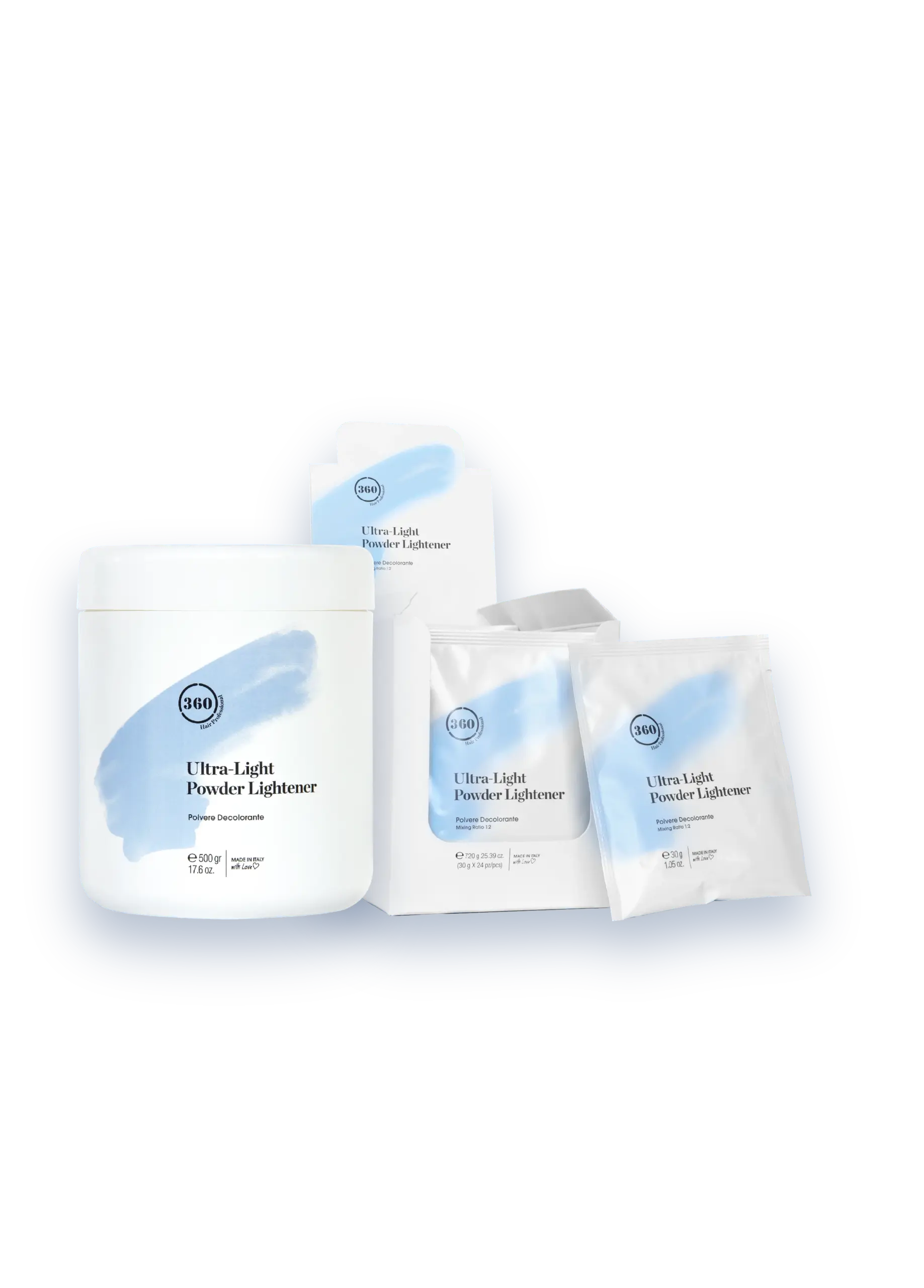 Ultra light powder lightener products including a white tub and individual sachets displayed together on a transparent background.