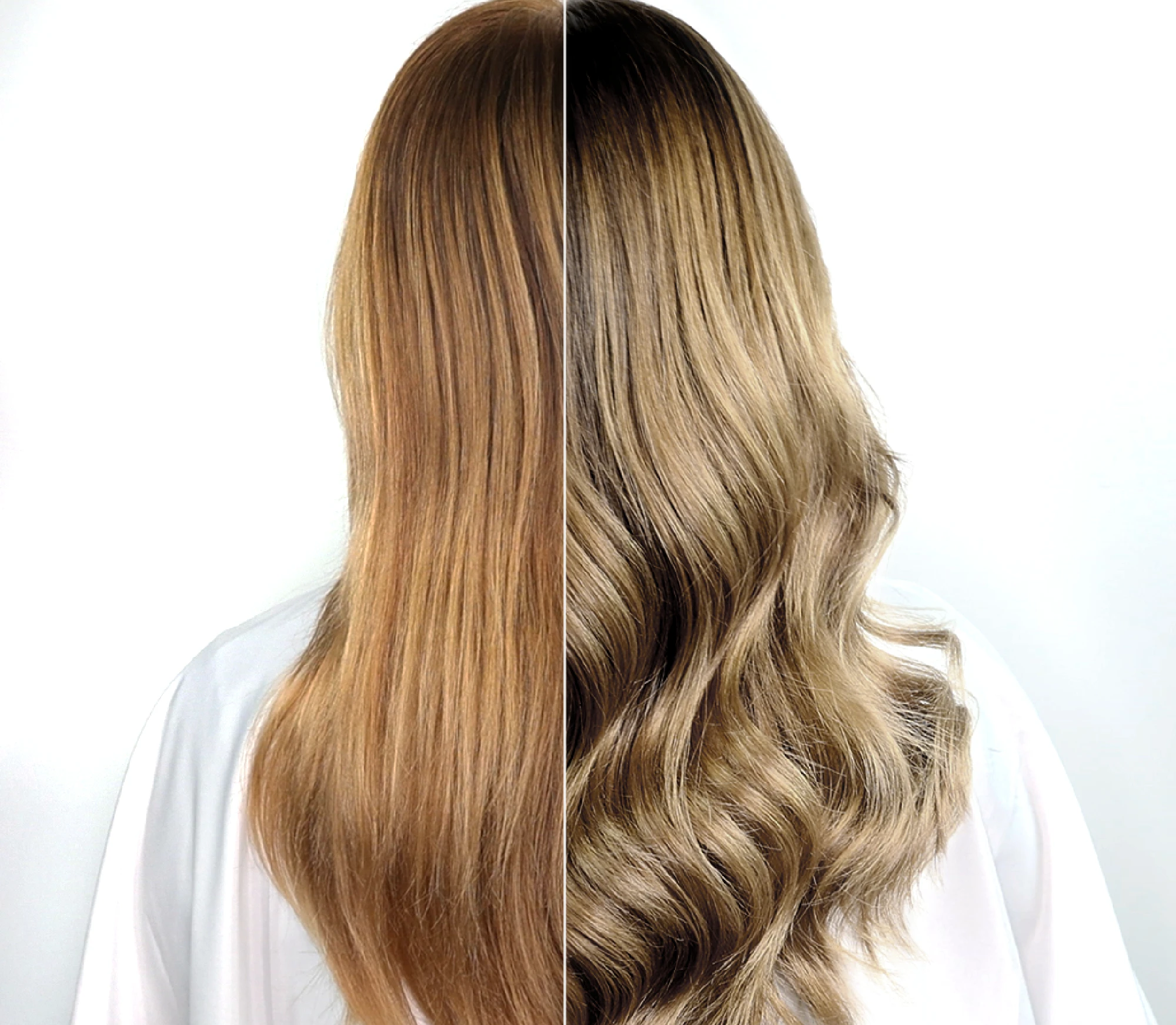 Back view of woman’s hair split into two halves showing straight copper hair on the left and wavy blonde hair on the right