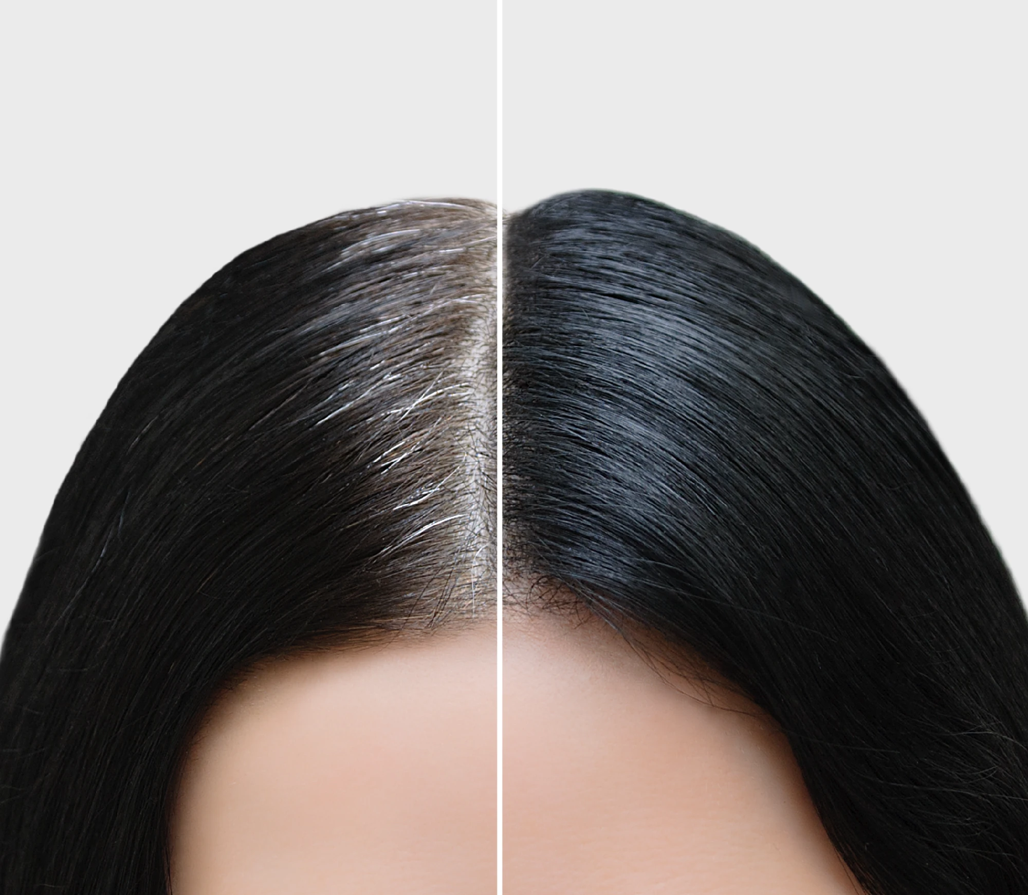 Close-up of hair parted in the center split into two halves showing visible gray roots on the left and dark black hair on the right