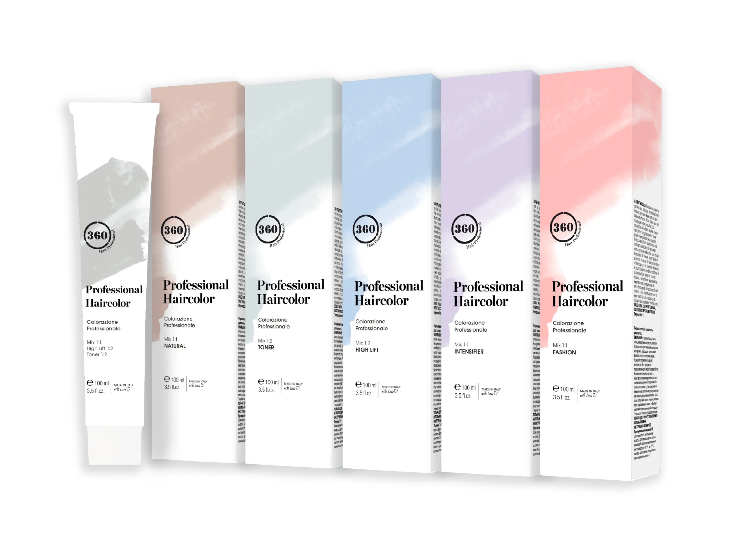 Six rectangular boxes of professional hair color products arranged in a row with different pastel-colored tops on a transparent background