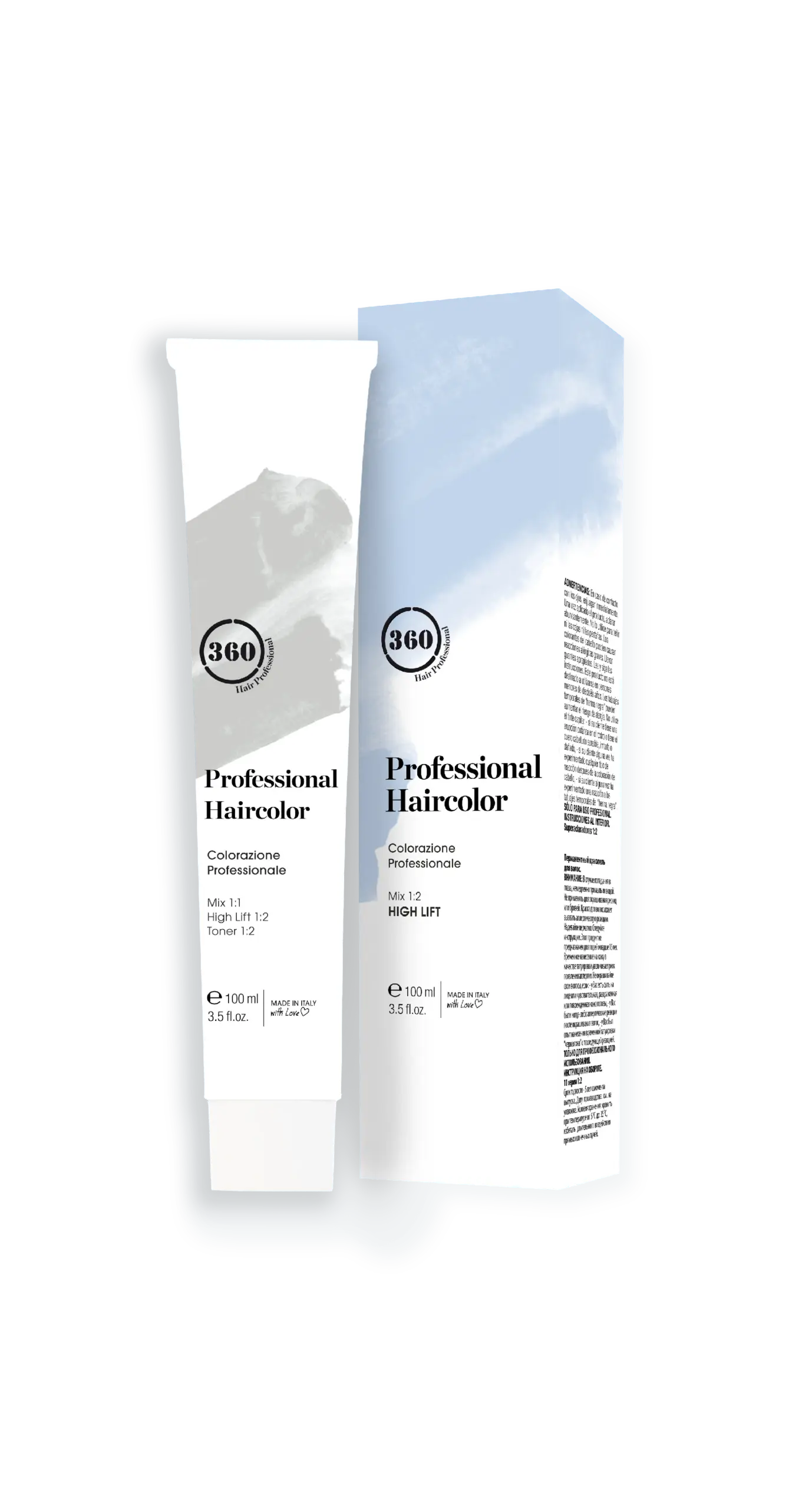 White hair color tube and matching rectangular box with light blue top section displayed side by side on a transparent background