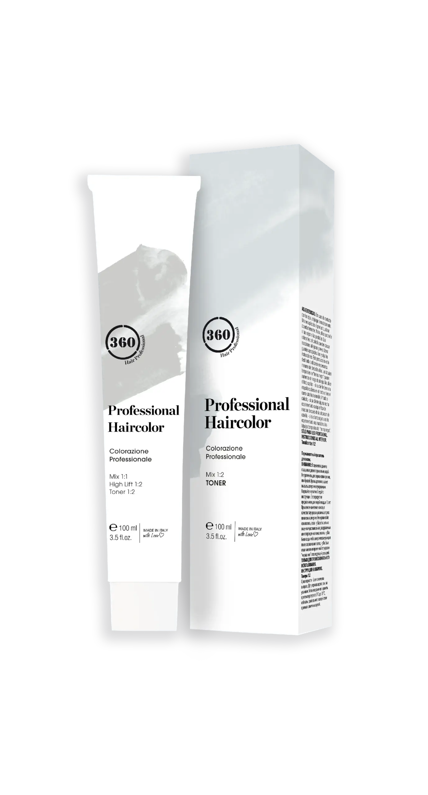 White professional hair color tube and matching box with minimal gray design on a transparent background